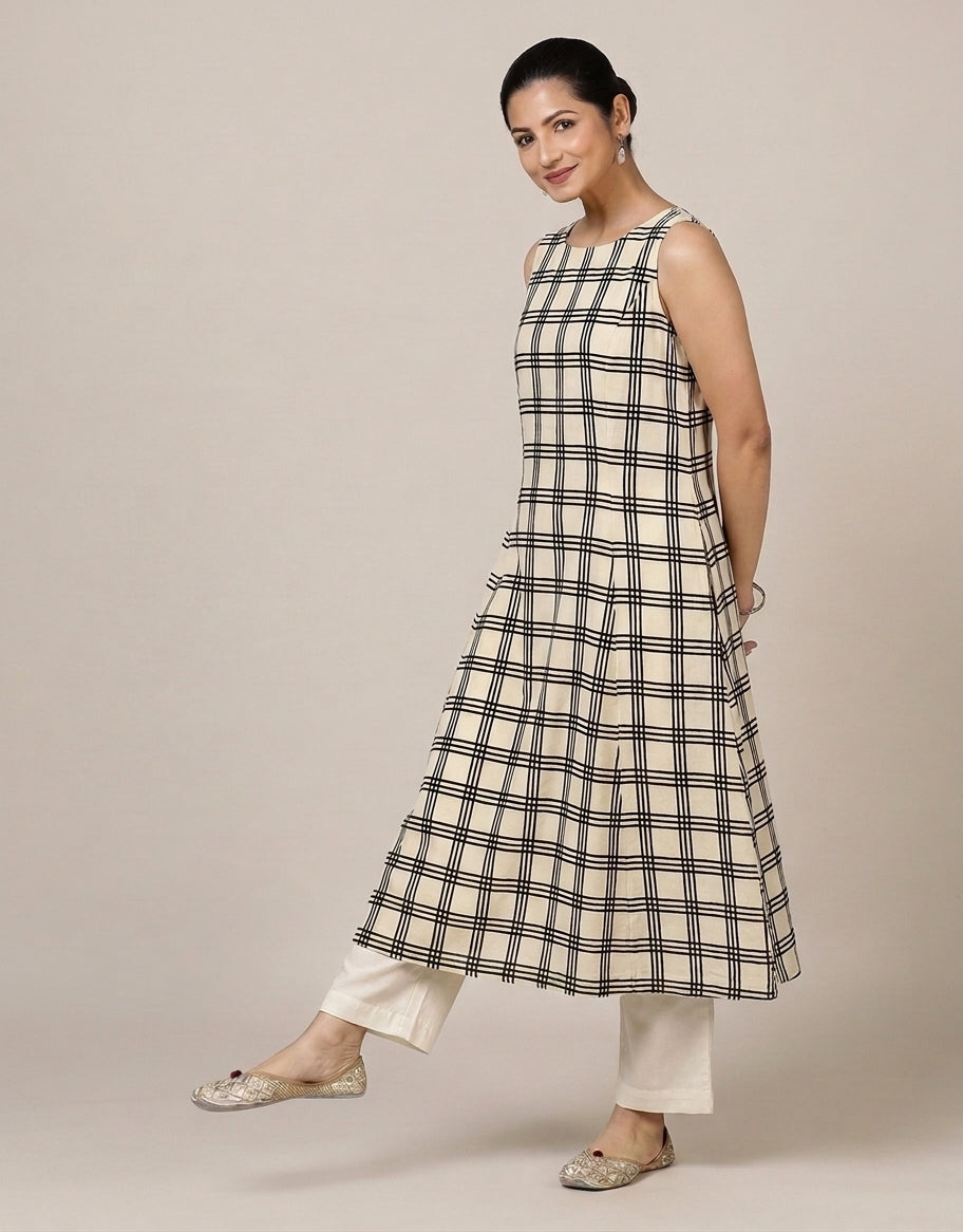Prerna Sleeveless Cream Windowpane Handblock Print Cotton BreezeFit™ Kurta