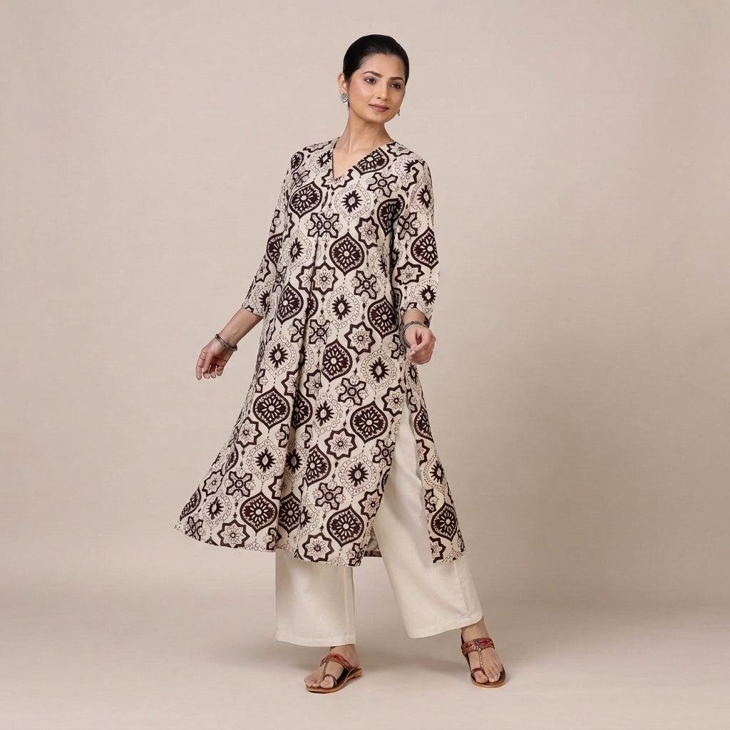 Bhavna Pleated Beige & Black Ajrakh Jaal Printed Cotton BreezeFit™ Kurta