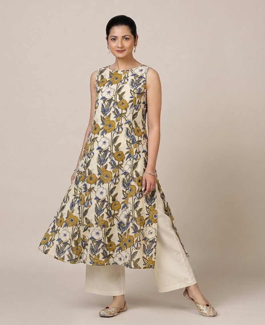 Prerna Sleeveless Cream Meadow Handblock Print Cotton BreezeFit™ Kurta