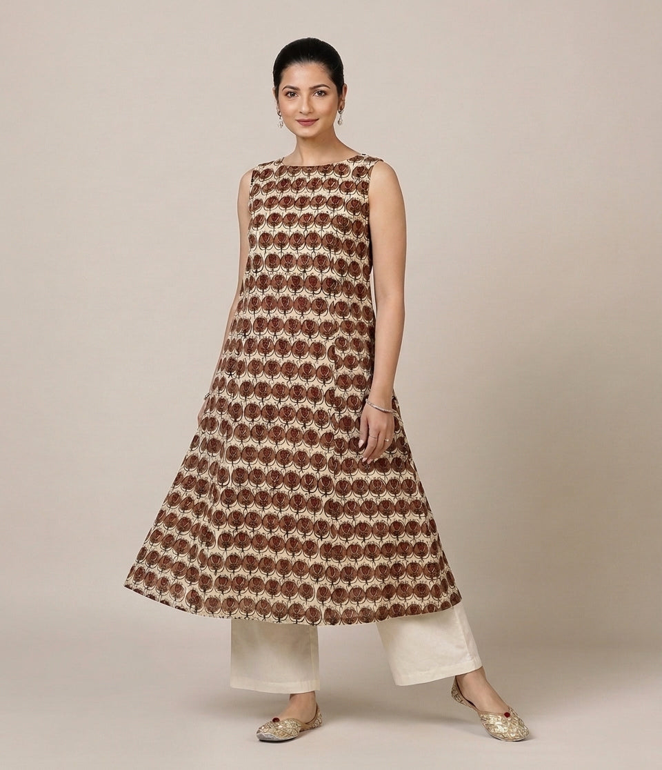 Prerna Sleeveless Cream Floral Handblock Print Cotton BreezeFit™ Kurta