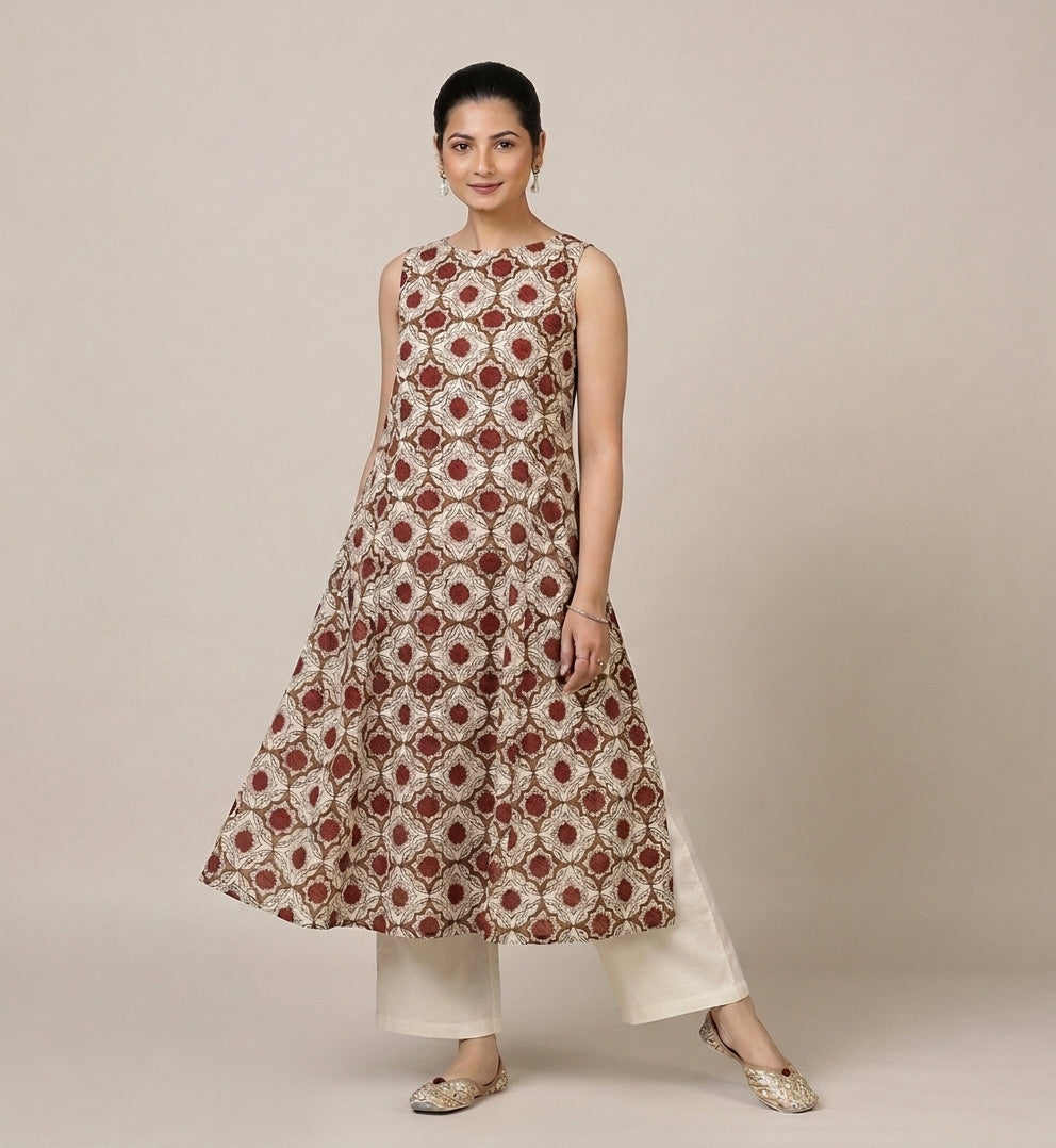 Prerna Sleeveless Red Dahlia Handblock Print Cotton BreezeFit™ Kurta