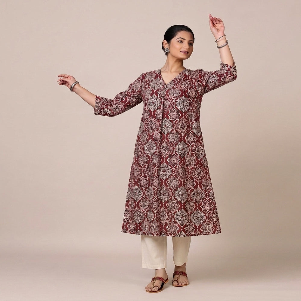 Bhavna Pleated Red Ajrakh Jaal Printed Cotton BreezeFit™ Kurta