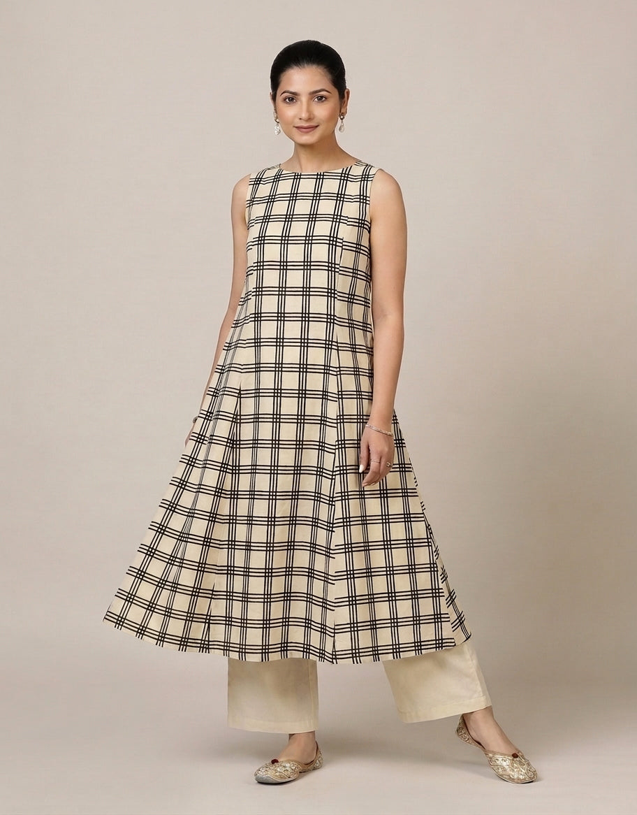Prerna Sleeveless Cream Windowpane Handblock Print Cotton BreezeFit™ Kurta