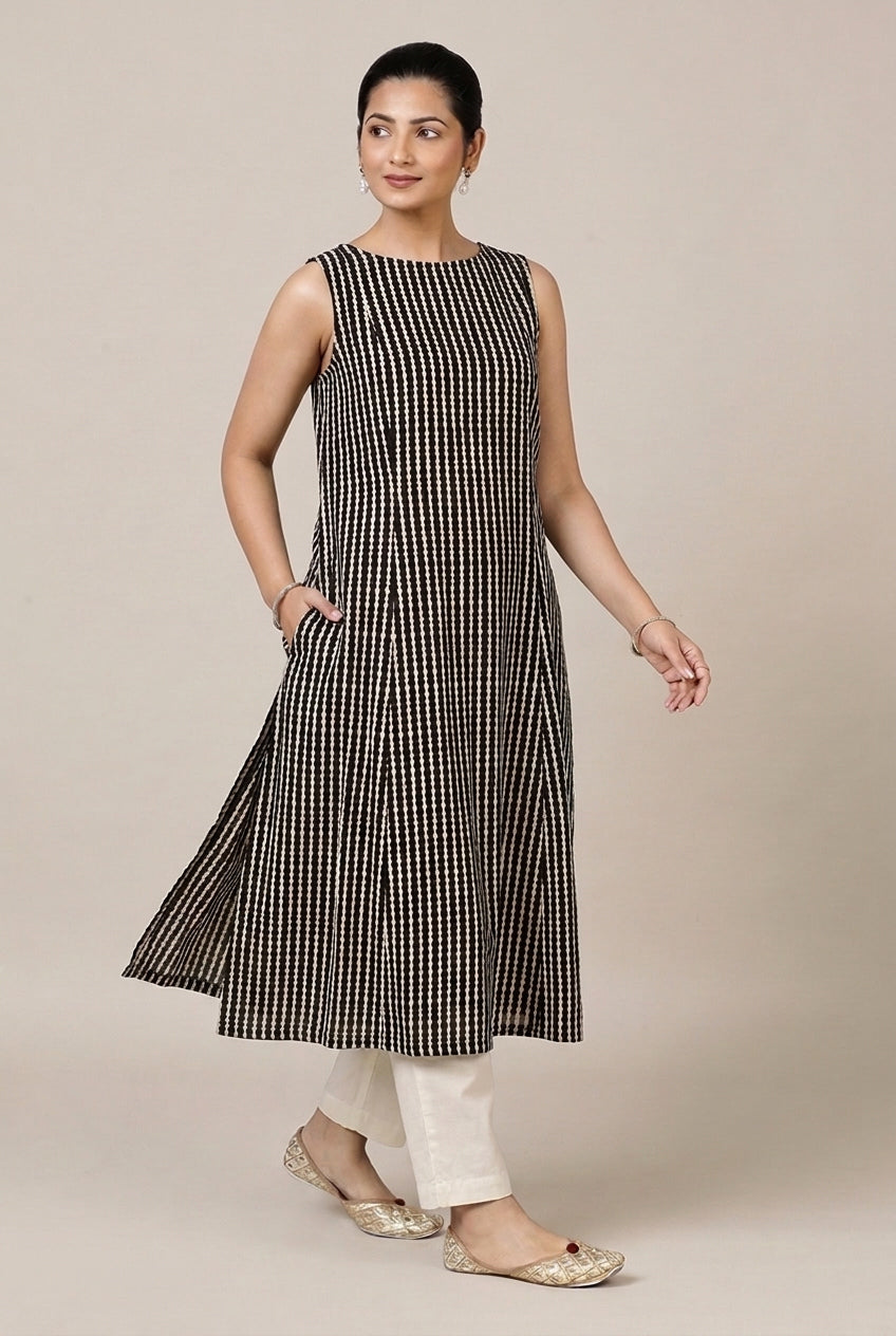 Prerna Sleeveless Earthy Black Stripe Handblock Print Cotton BreezeFit™ Kurta