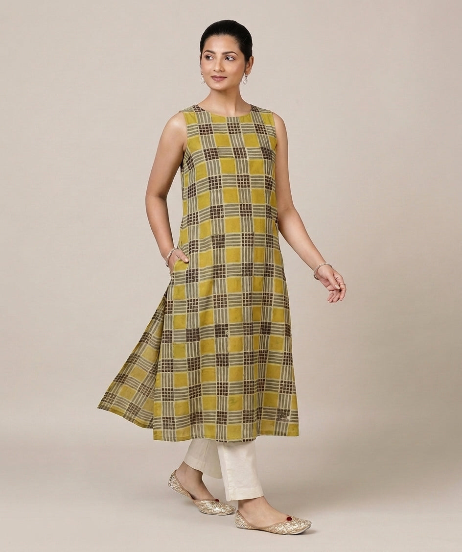 Prerna Sleeveless Olive Grid Handblock Print Cotton BreezeFit™ Kurta