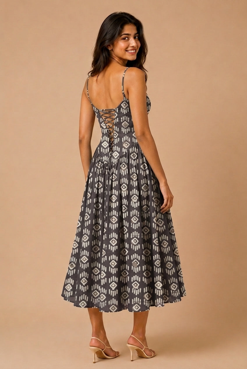 Jessica | Sweetheart Neck Brown Tribal Printed Cotton CinchFit™ Dress