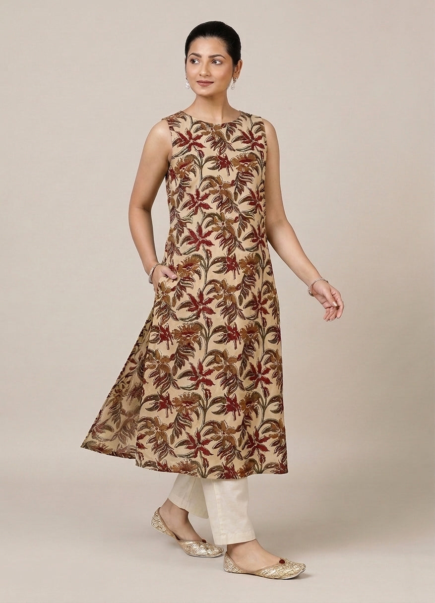 Prerna Sleeveless Cream Blossom Handblock Print Cotton BreezeFit™ Kurta