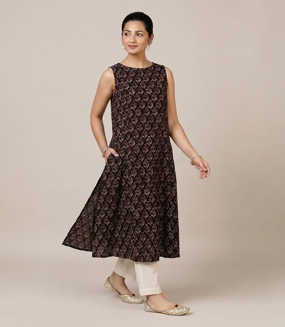 Prerna Sleeveless Midnight Lily Handblock Print Cotton BreezeFit™ Kurta