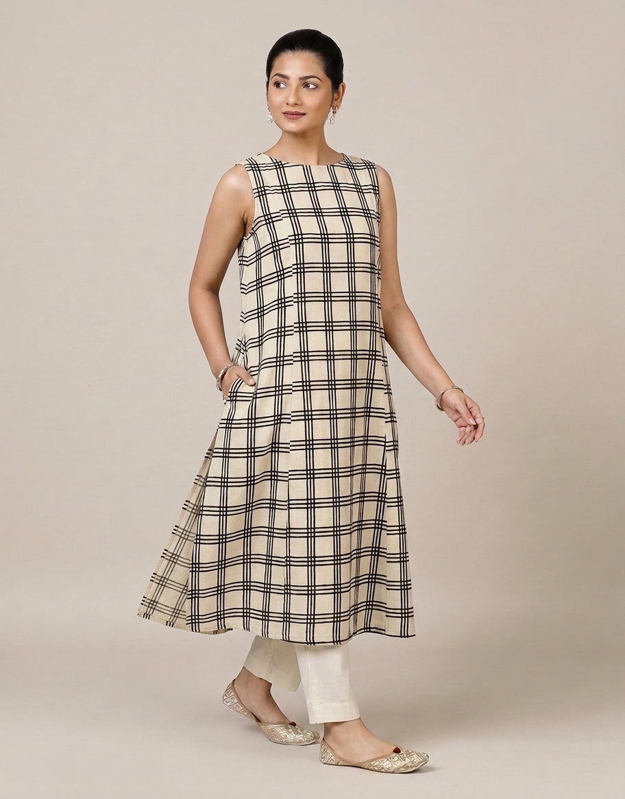 Prerna Sleeveless Cream Windowpane Handblock Print Cotton BreezeFit™ Kurta