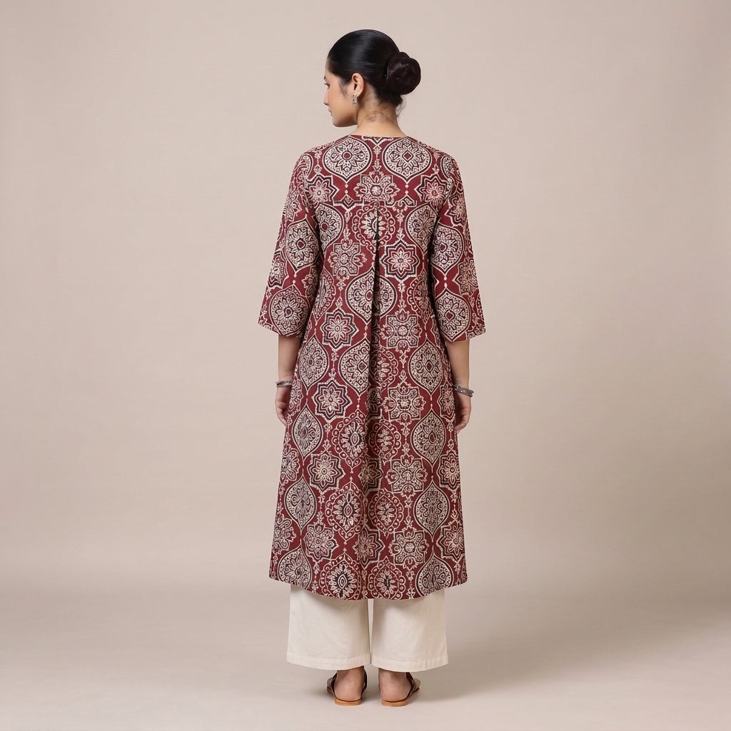 Bhavna Pleated Red Ajrakh Jaal Printed Cotton BreezeFit™ Kurta