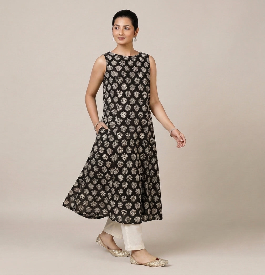 Prerna Sleeveless Black Floral Handblock Print Cotton BreezeFit™ Kurta