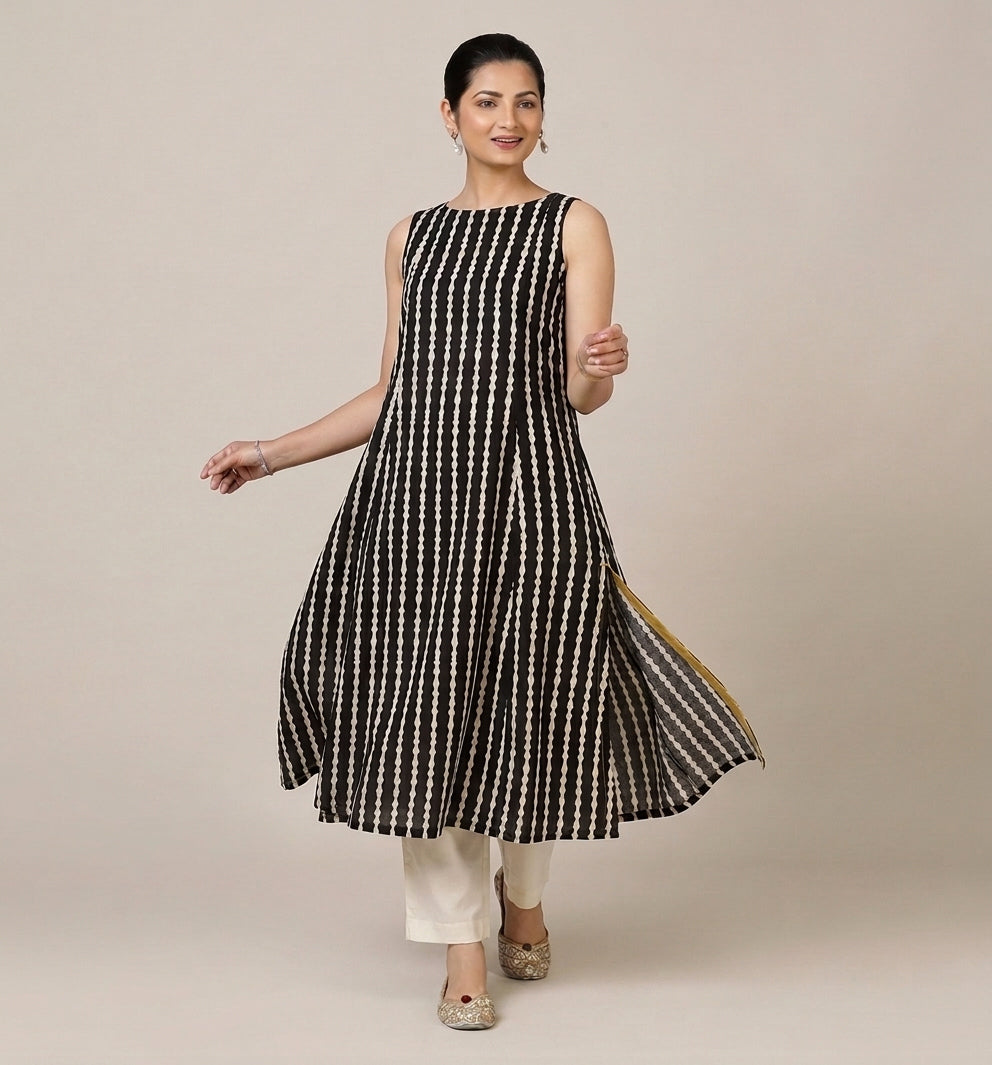 Prerna Sleeveless Earthy Black Stripe Handblock Print Cotton BreezeFit™ Kurta