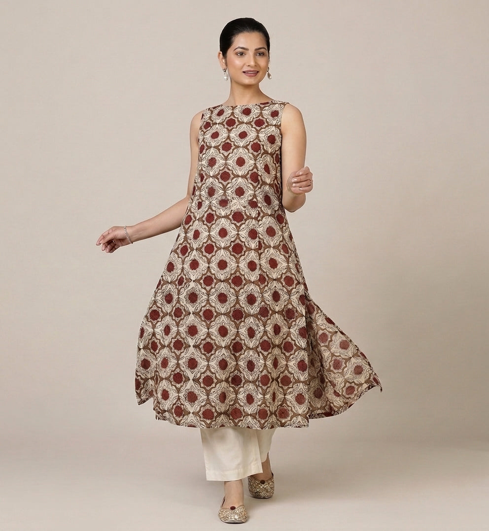 Prerna Sleeveless Red Dahlia Handblock Print Cotton BreezeFit™ Kurta