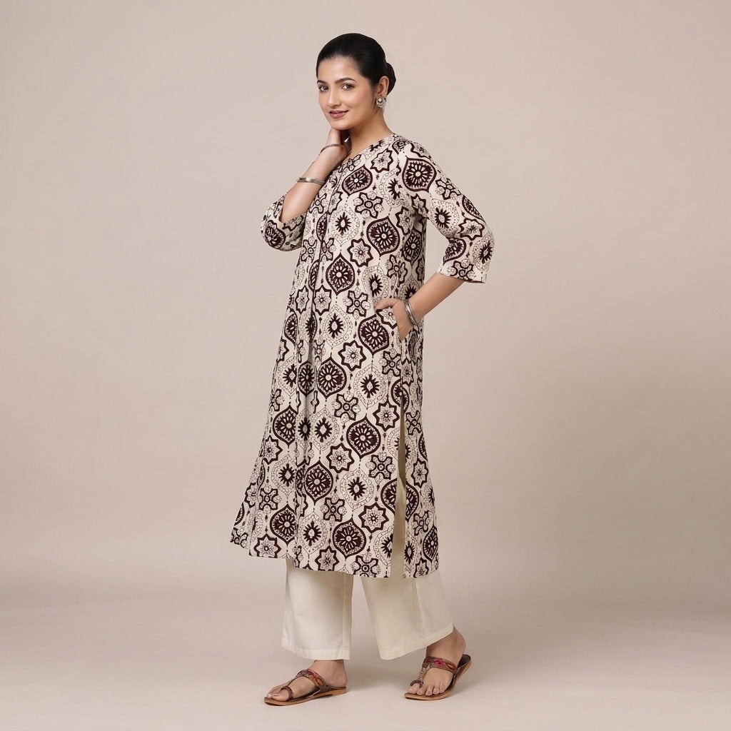 Bhavna Pleated Beige & Black Ajrakh Jaal Printed Cotton BreezeFit™ Kurta