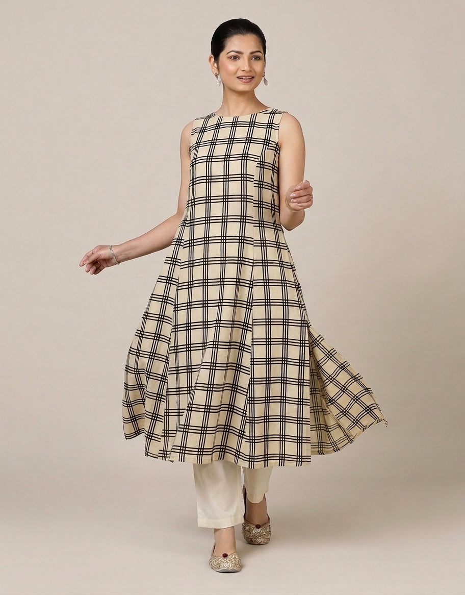 Prerna Sleeveless Cream Windowpane Handblock Print Cotton BreezeFit™ Kurta