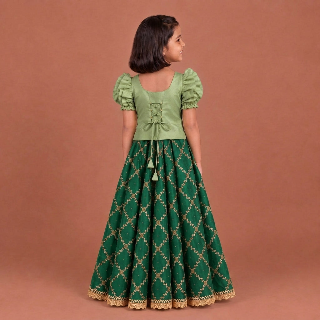Timtim x Tyohaar | Light & Emerald Green Chandheri-Brocade Ruffle Sleeve Lehenga Set