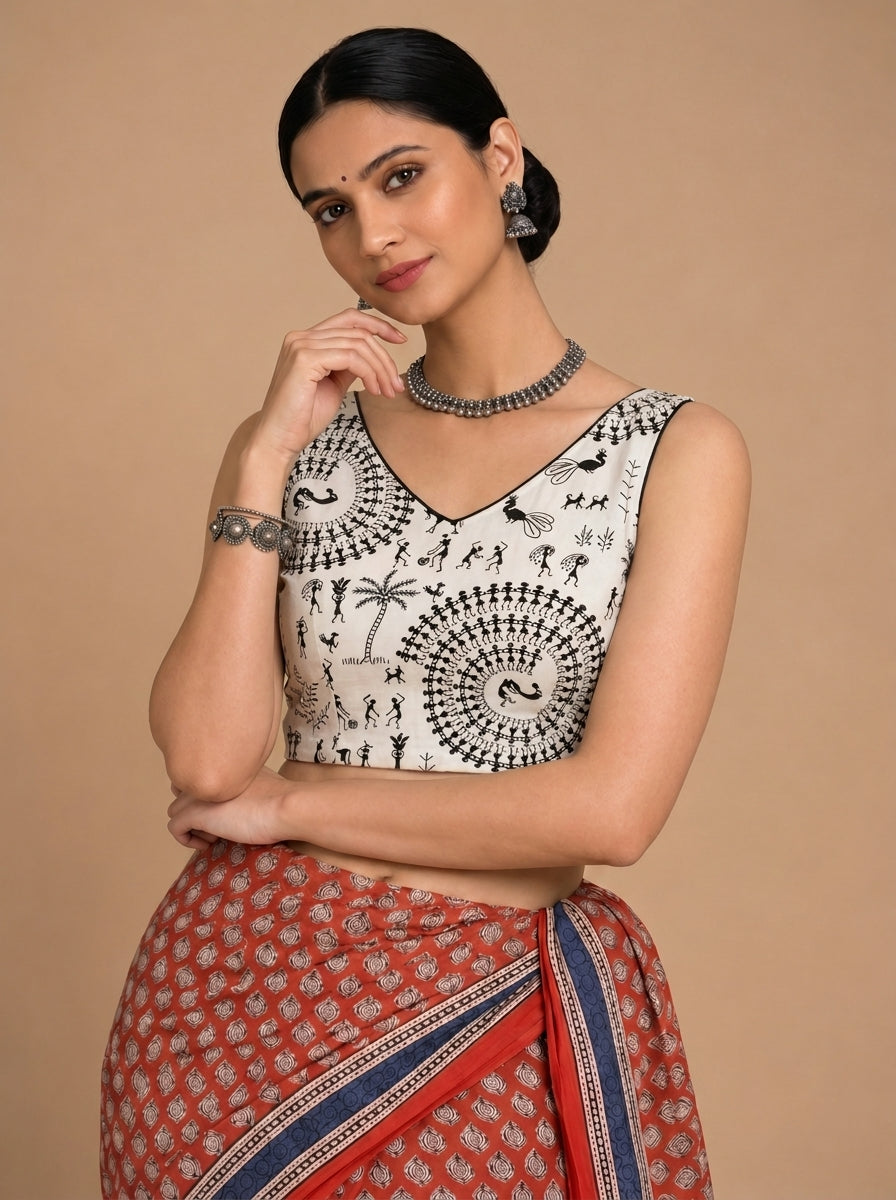 Ardha | Duet Reversible Blockprinted Warli Print & Black Blockprinted Cotton CinchFit™ Saree Blouse