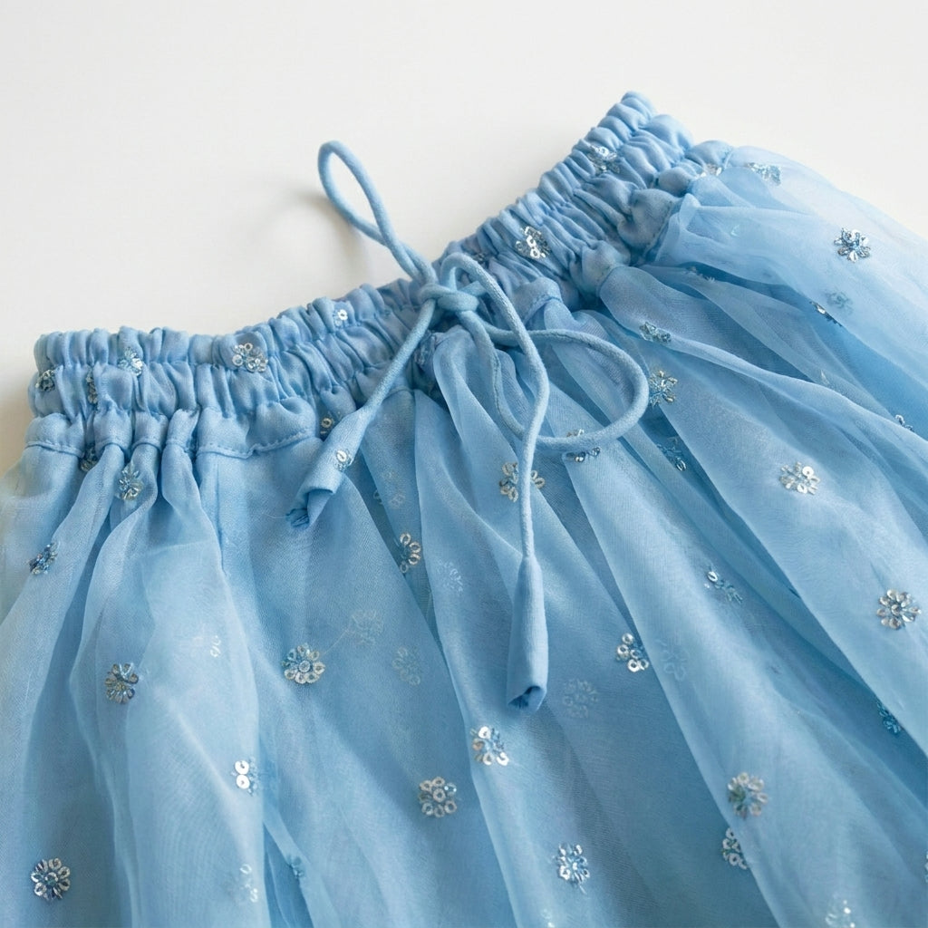 Gilheri x Tyohaar | Peach & Blue Chandheri-Organza Ruffle Sleeve Lehenga Set