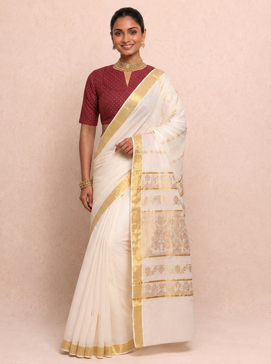 Kasavu-Kit Kasavu Saree with Bindu Elbow Sleeve blouse in Red Foil Chandheri