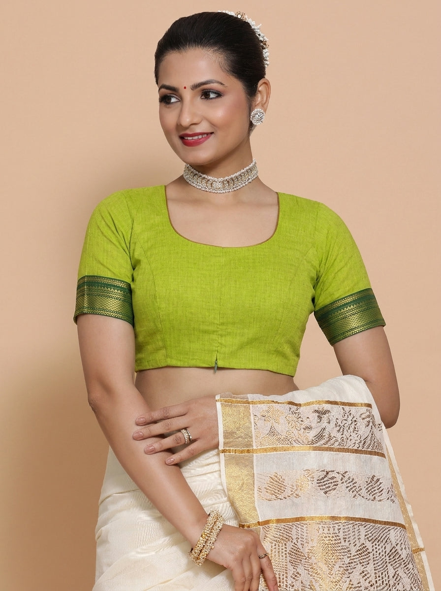 Kasavu-Kit Kasavu Saree with Varsha Sleeveless blouse in Radiant Citron Mangalgiri