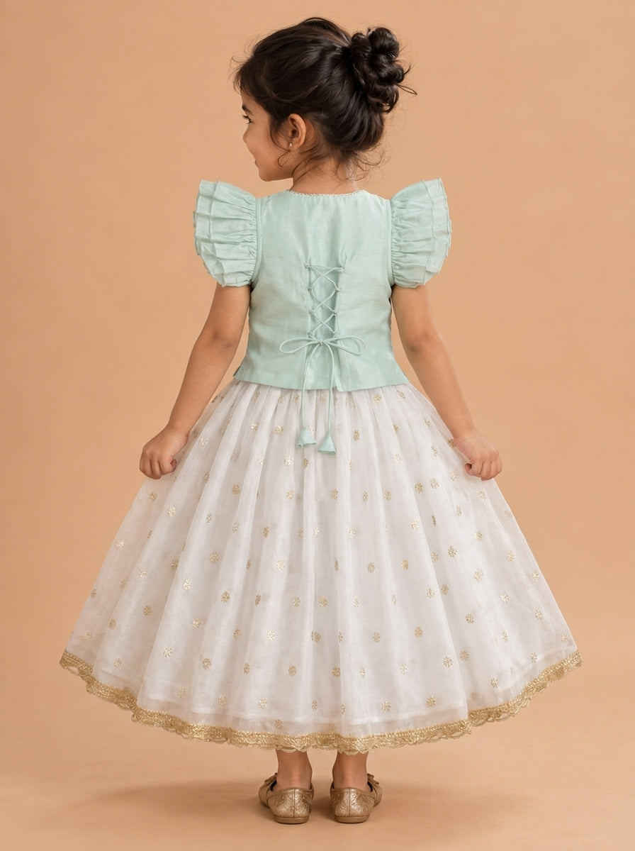 Gilheri x Tyohaar | Powder Blue & White Chandheri-Organza Ruffle Sleeve Lehenga Set