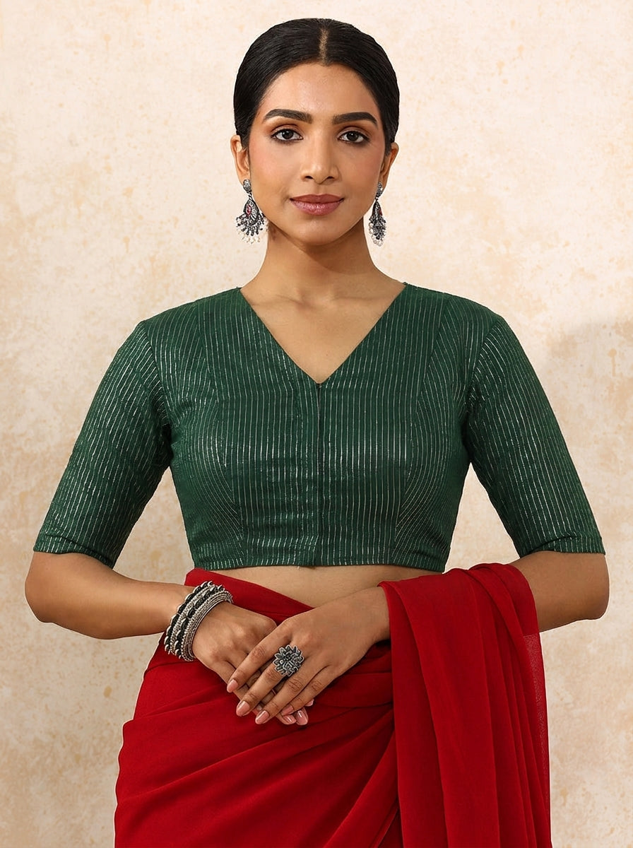 Ramona Reversible Duet | Tulip Bloom Cream × Dark Green Silver Stripe Cotton FlexiFit Saree Blouse