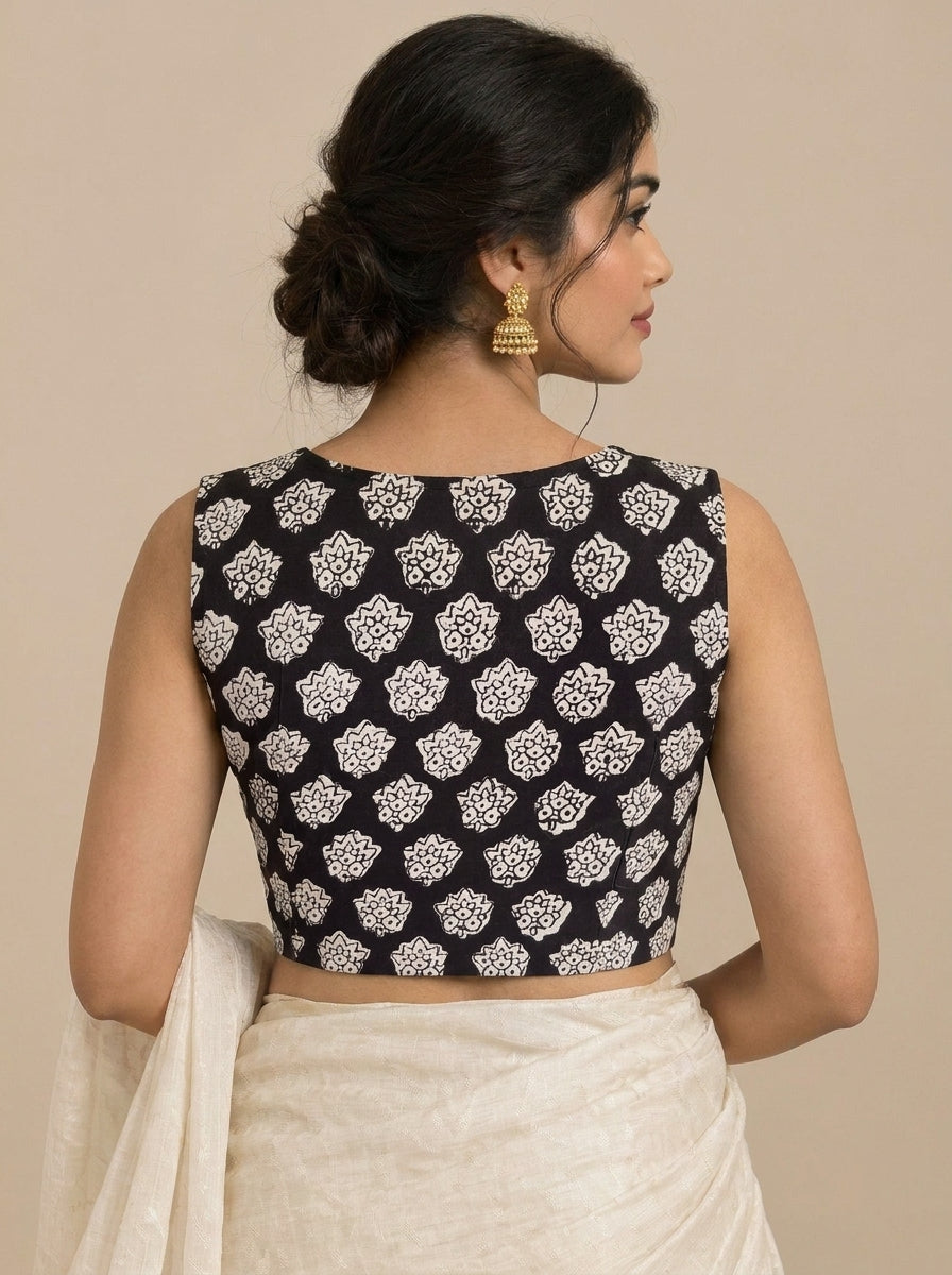 Madhvi Mood | 2-Way Zipper Sleeveless Black Floral Handblock Printed Handblock Printed Cotton FlexiFitFit™ Saree Blouse