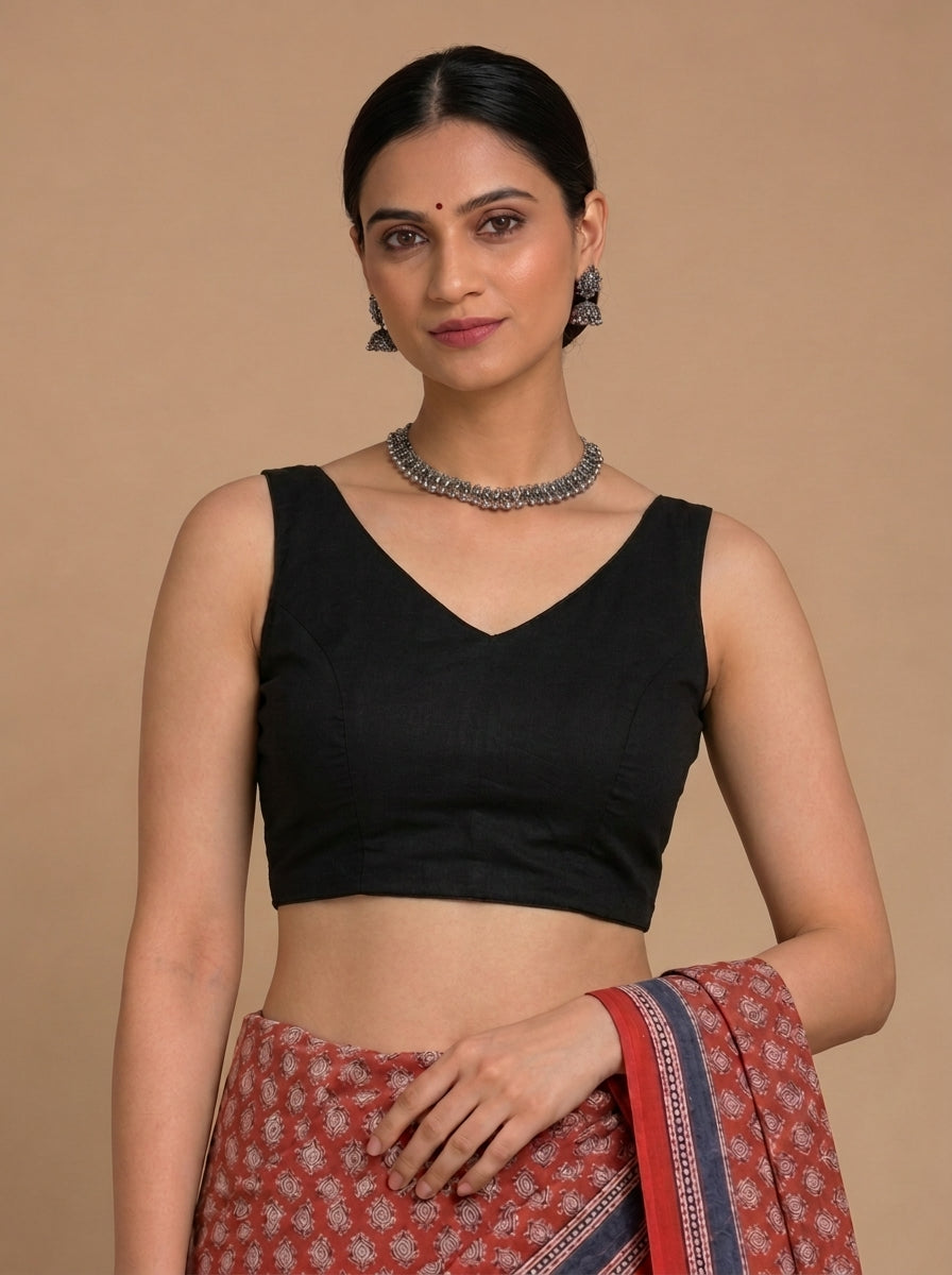 Ardha | Duet Reversible Blockprinted Warli Print & Black Blockprinted Cotton CinchFit™ Saree Blouse