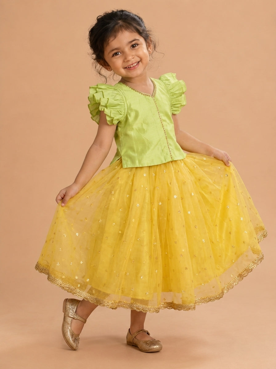 Gilheri x Tyohaar | Green & Yellow Chandheri-Organza Ruffle Sleeve Lehenga Set