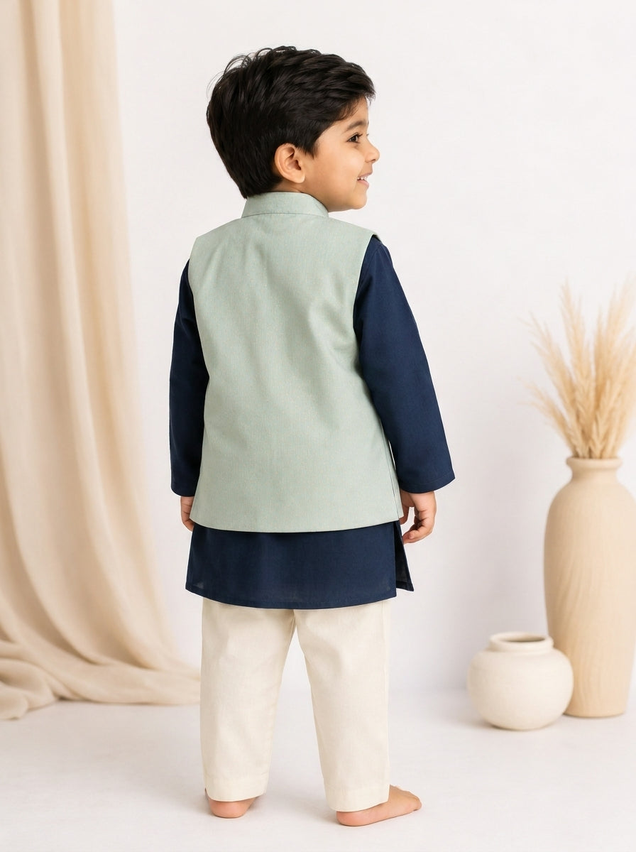 Sher x Tyohaar | Navy Linen-Chandheri Kurta Pant & Jacket Set