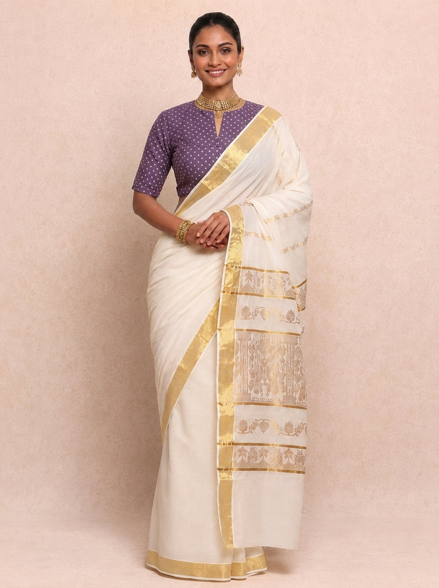 Kasavu-Kit Kasavu Saree with Bindu Elbow Sleeve blouse in Purple Foil Chandheri