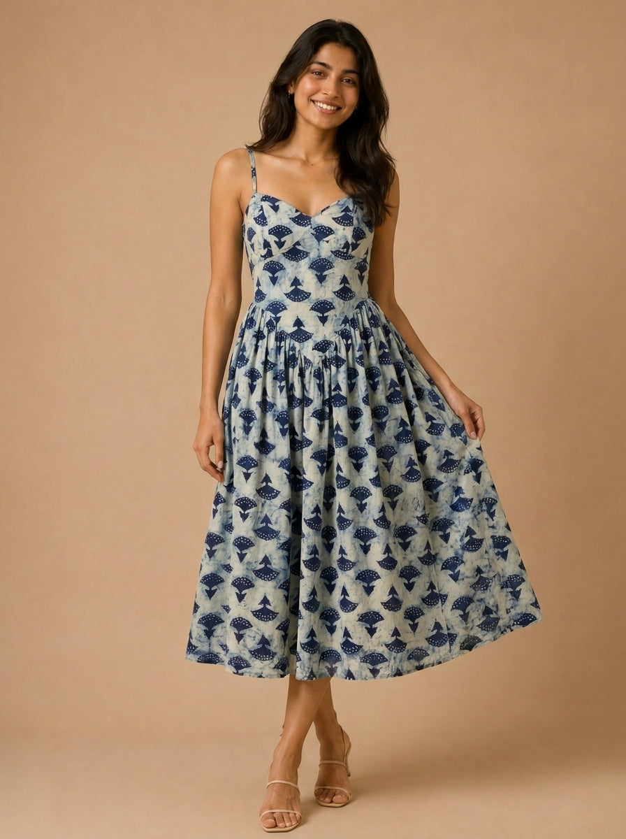 Jessica | Sweetheart Neck Blue Floral Bud Printed Cotton CinchFit™ Dress