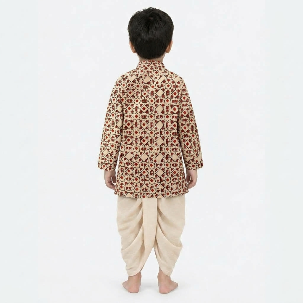 Vyan x Tyohaar | Kurta & Dhoti Pant Set in Cream & Red Geometric Block Print Cotton & Linen