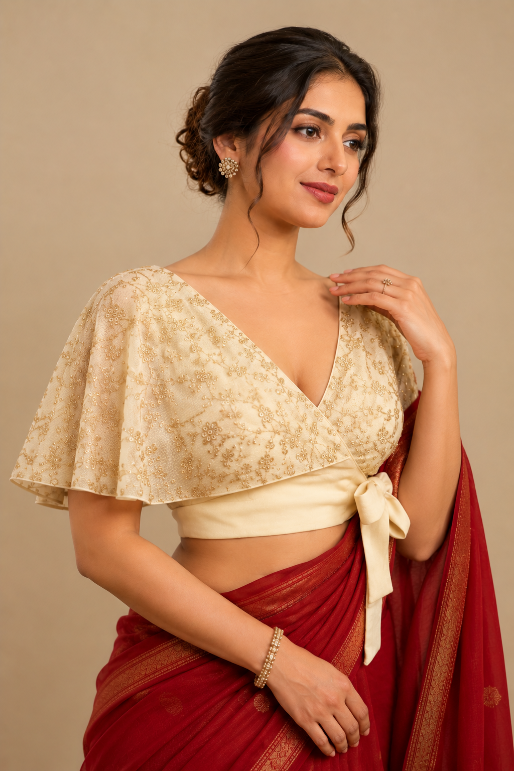 Cera | Shawl Sleeve Cream Embroidered Tissue CinchFit™ Saree Blouse
