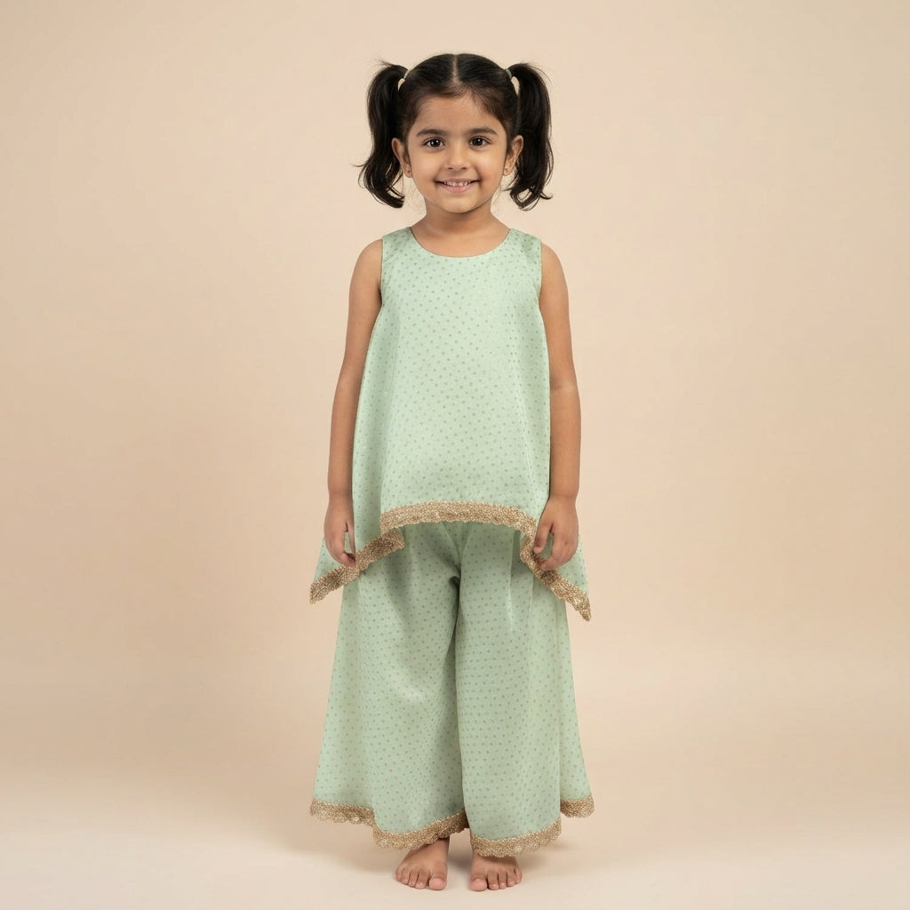 Kitty x Tyohaar | Light Green Foil Chandheri Tent Style Kurta & Flared Pant Set