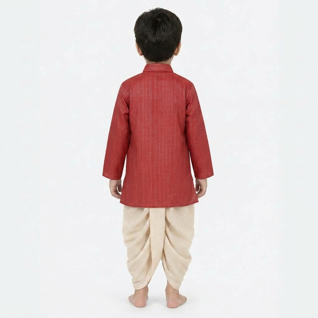 Kairav x Tyohaar | Kurta & Dhoti Pant Set in Red Silver Stripe Cotton & Linen