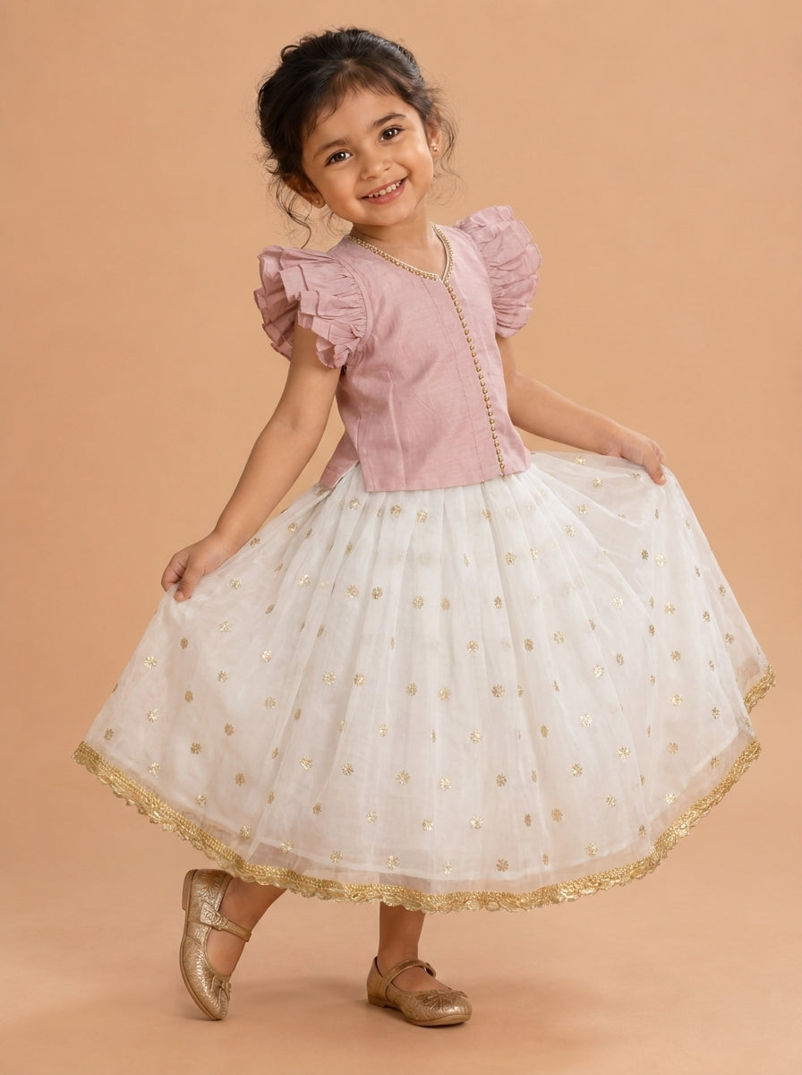 Gilheri x Tyohaar | Lavender & White Chandheri-Organza Ruffle Sleeve Lehenga Set