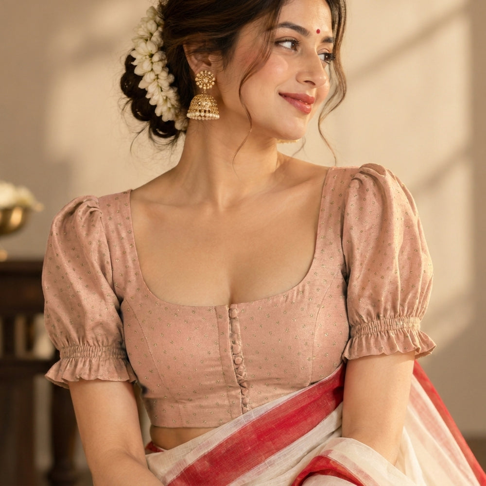 Durga | Puff Sleeve Embroidered Muted Copper Foil Chandheri SculptFit™ Saree Blouse