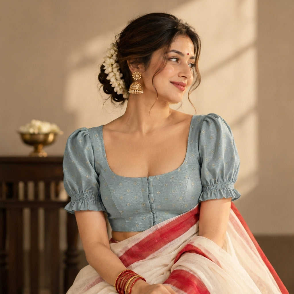 Durga | Puff Sleeve Embroidered Blue Green Foil Chandheri SculptFit™ Saree Blouse