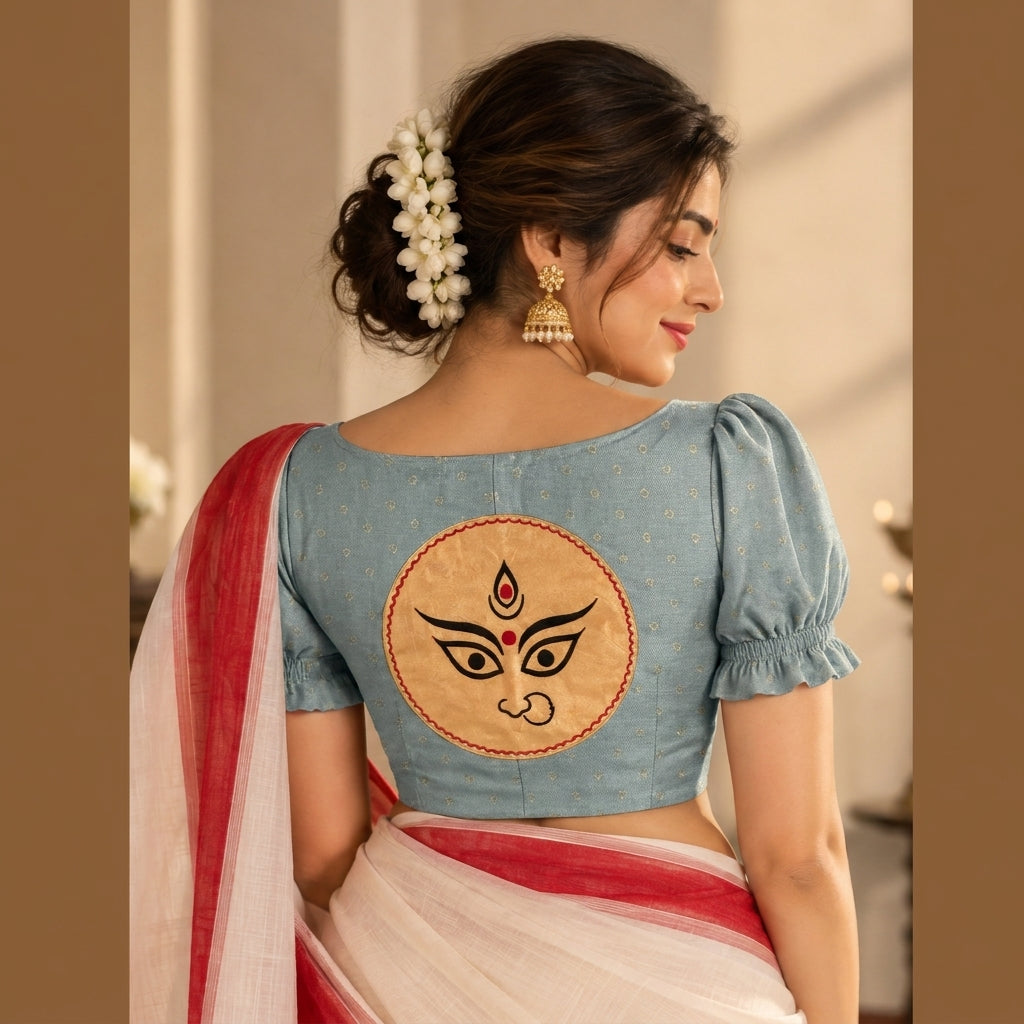 Durga | Puff Sleeve Embroidered Blue Green Foil Chandheri SculptFit™ Saree Blouse
