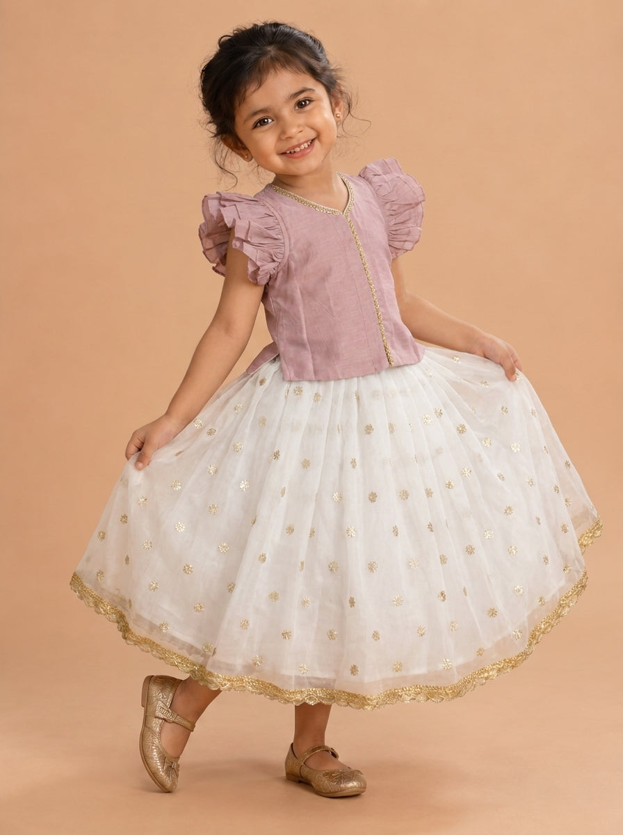 Gilheri x Tyohaar | Lavender & White Chandheri-Organza Ruffle Sleeve Lehenga Set