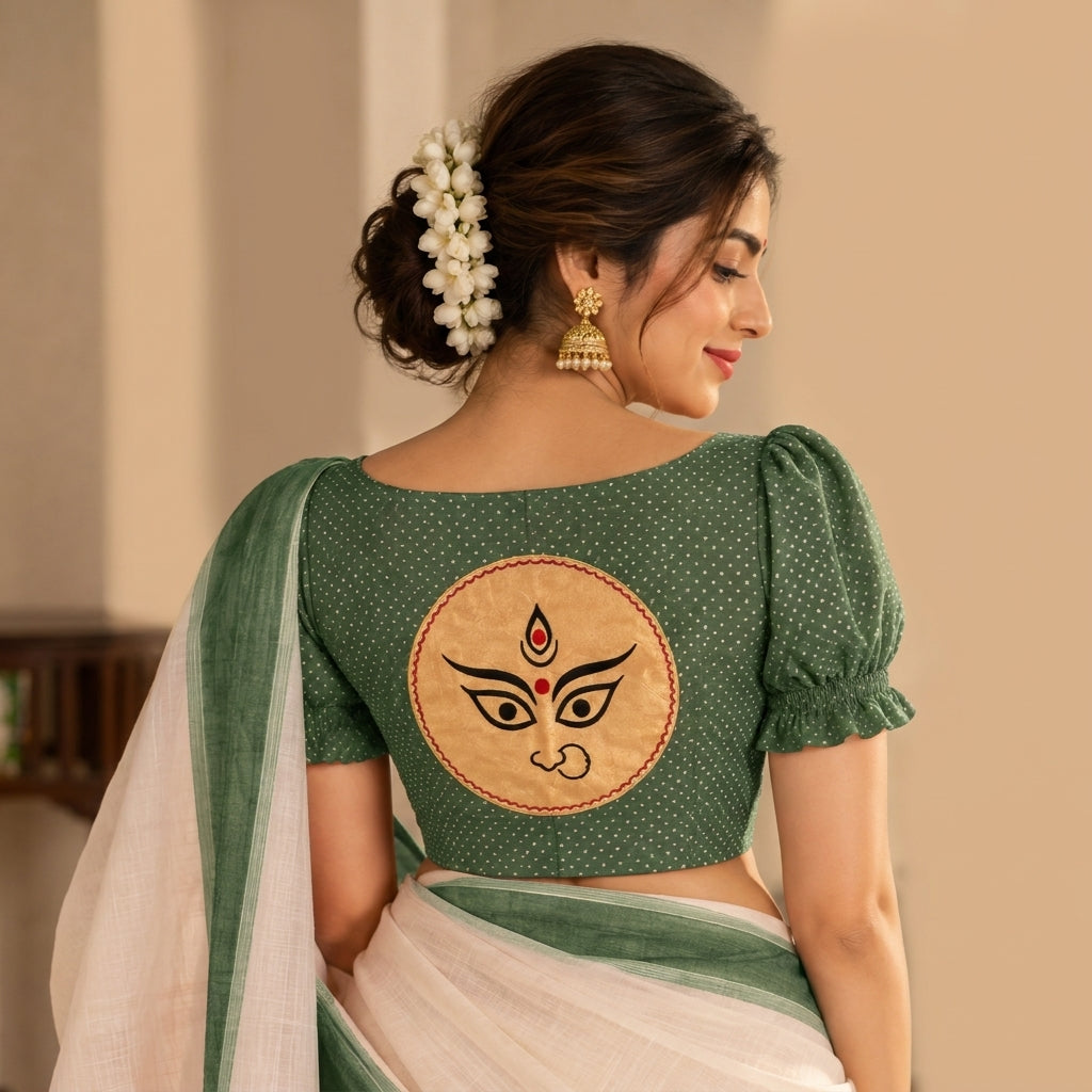 Durga | Puff Sleeve Embroidered Green Foil Chandheri SculptFit™ Saree Blouse