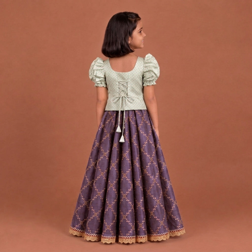Timtim x Tyohaar | White & Moonlight Lavender Chandheri-Brocade Ruffle Sleeve Lehenga Set