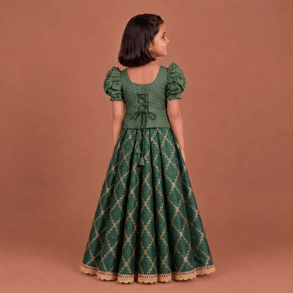 Timtim x Tyohaar | Green Chandheri-Brocade Ruffle Sleeve Lehenga Set