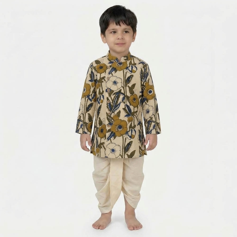 Taaran x Tyohaar | Kurta & Dhoti Pant Set in Cream Meadow Block Print Cotton & Linen