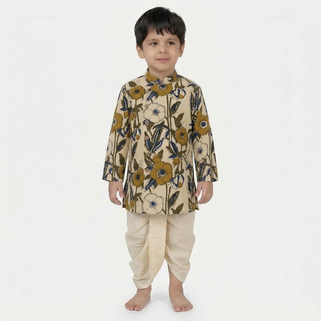 Taaran x Tyohaar | Kurta & Dhoti Pant Set in Cream Meadow Block Print Cotton & Linen