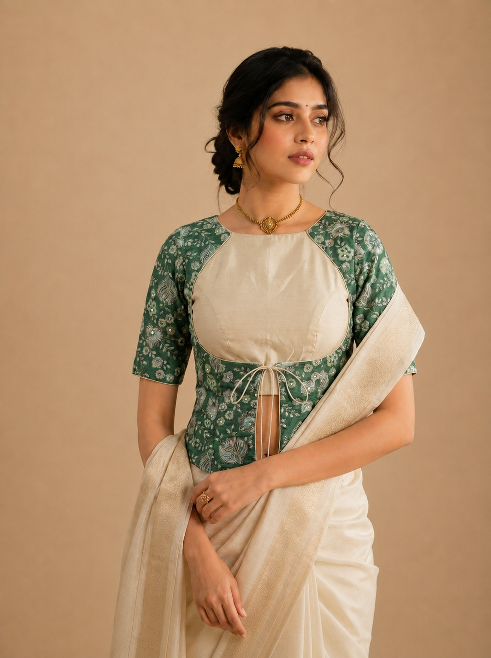 Eka | Long Length Muted Green Embroidered Viscose SculptFit™ Saree Blouse