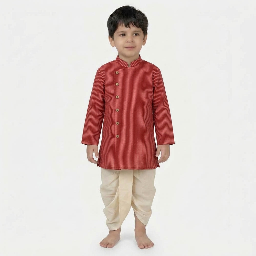 Kairav x Tyohaar | Kurta & Dhoti Pant Set in Red Silver Stripe Cotton & Linen