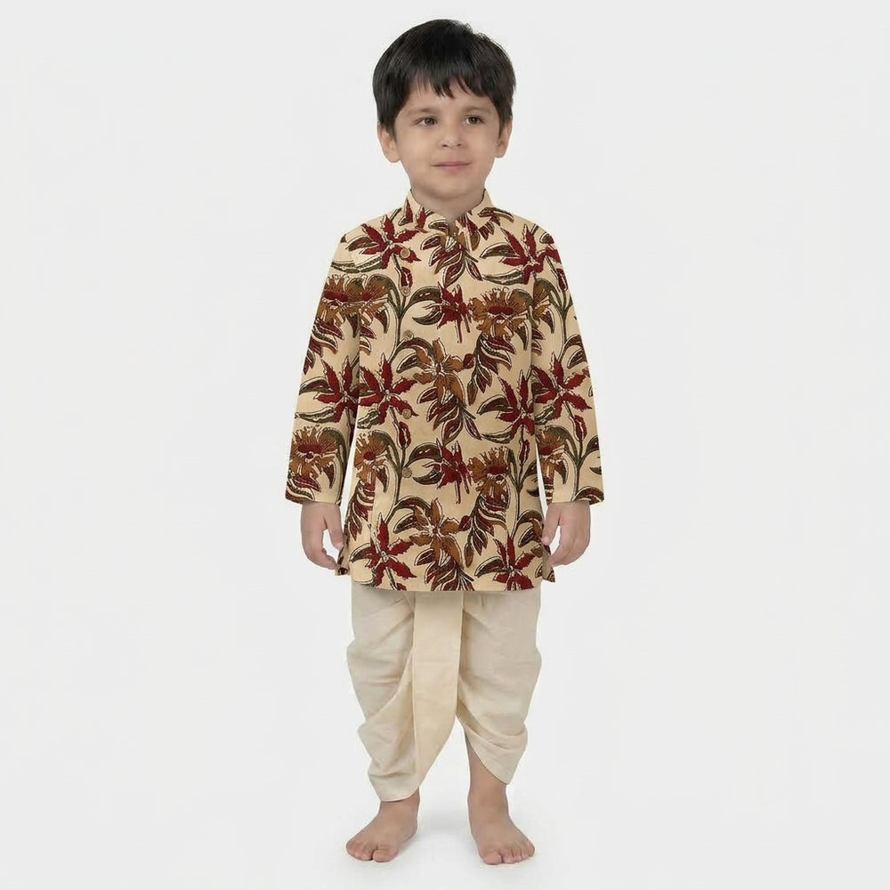 Advik x Tyohaar | Kurta & Dhoti Pant Set in Cream Blossom Block Print Cotton & Linen