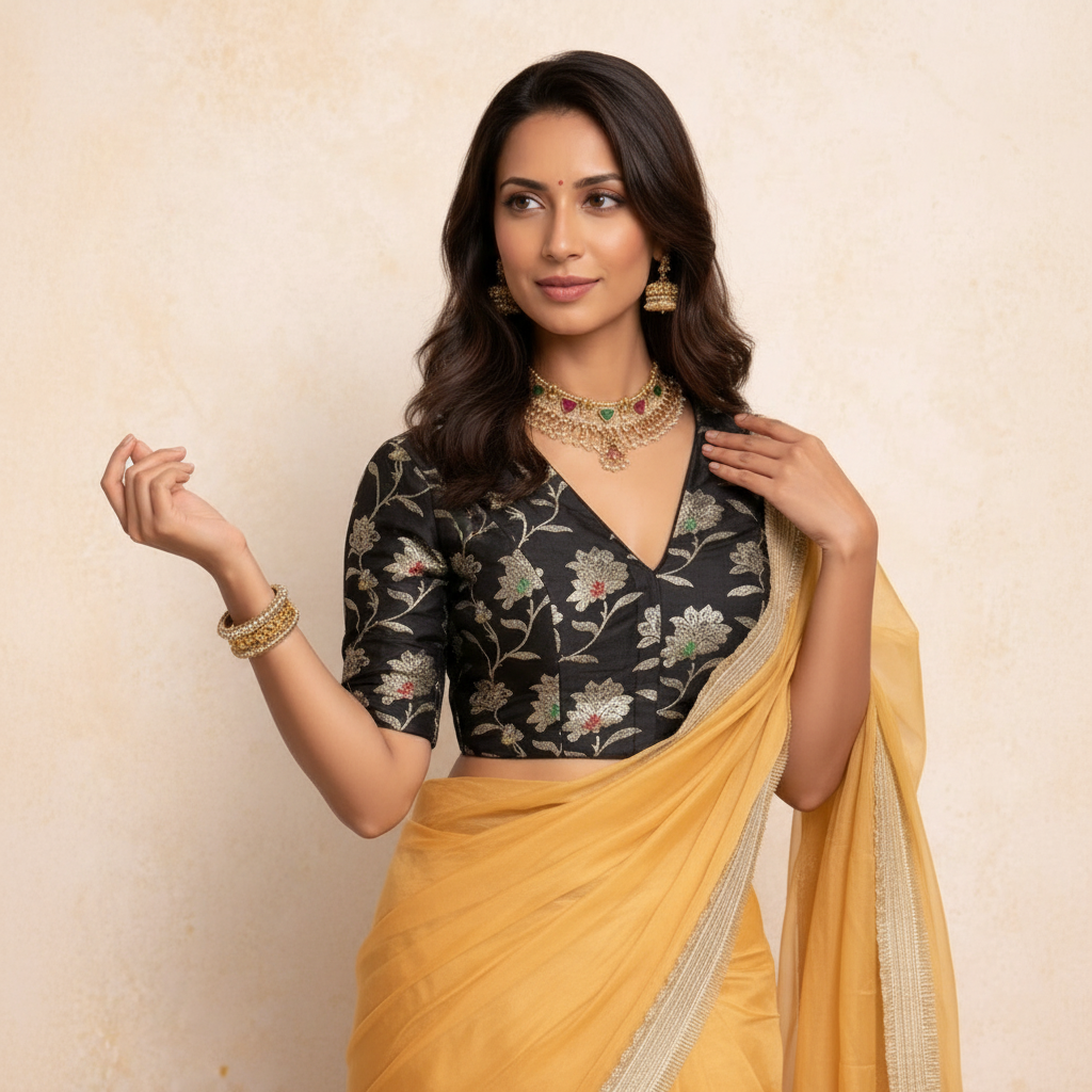 Saira x Tyohaar | Elbow Sleeves Black Meenakari Saree Blouse